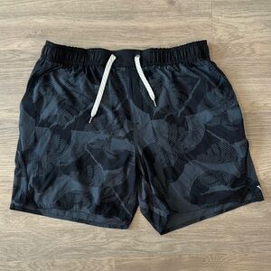 Vuori Black and Gray Patterned Shorts with Silver Logo
